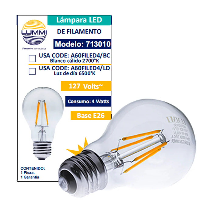 Foco LED Filamento A60 4W Base E26 460 lm