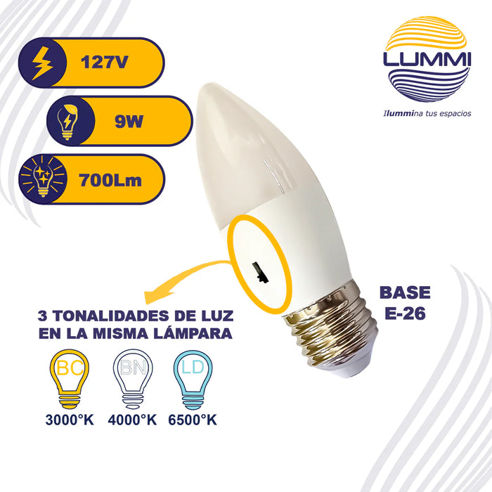 Foco LED tipo Vela 7W 3 tonalidades de luz E26 (VESMD7CCT)