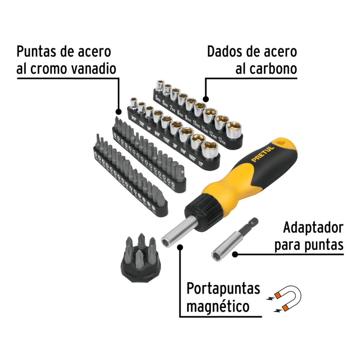 Desarmador tipo "Matraca" Con 35 puntas y 18 Dados Pretul AUTO-61