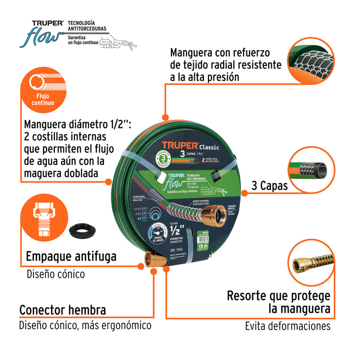 Manguera de 1/2" Reforzada, 3 capas Truper MAN-15X1/2R