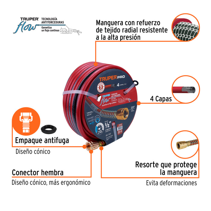 Manguera 1/2" Super Reforzada, 4 Capas, Conexiones de Metal, Truper Pro MAN-30X1/2X