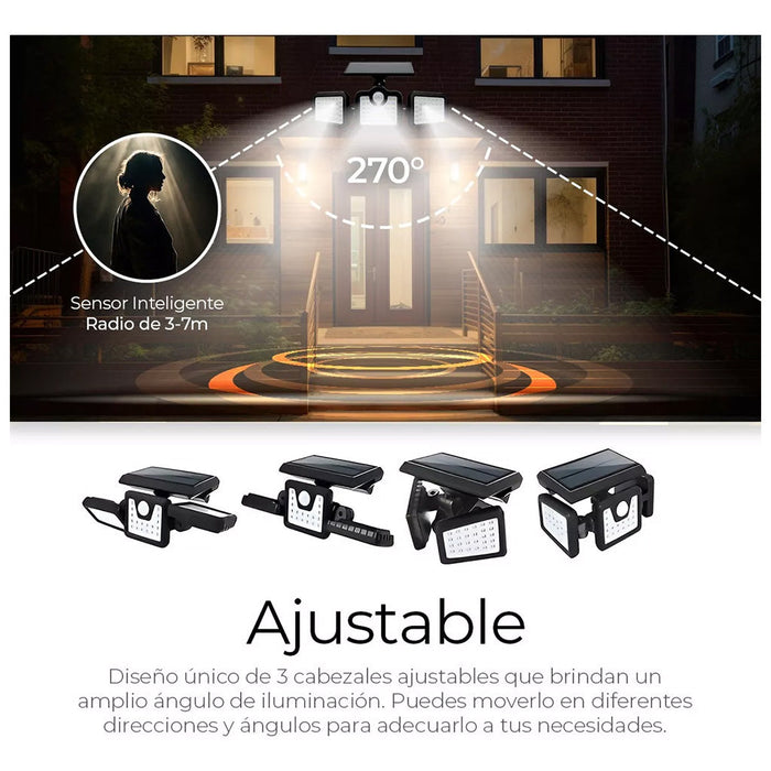 Lámpara Solar con 3 Cabezales Ajustables y Sensor de Movimiento - 108 LEDs