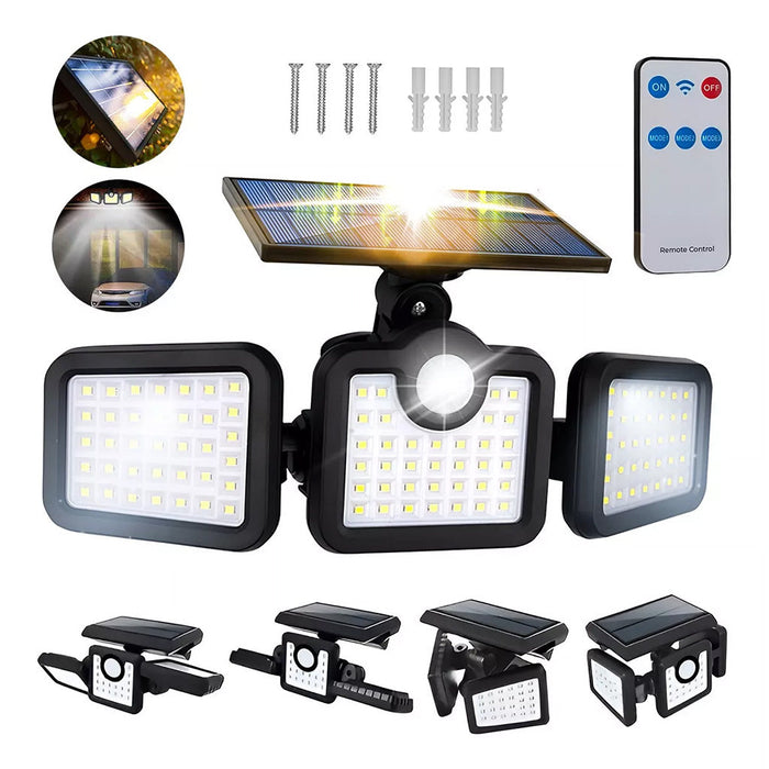 Lámpara Solar con 3 Cabezales Ajustables y Sensor de Movimiento - 108 LEDs