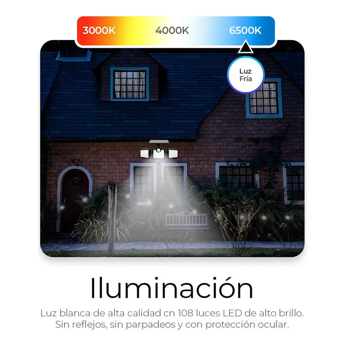 Lámpara Solar con 3 Cabezales Ajustables y Sensor de Movimiento - 108 LEDs