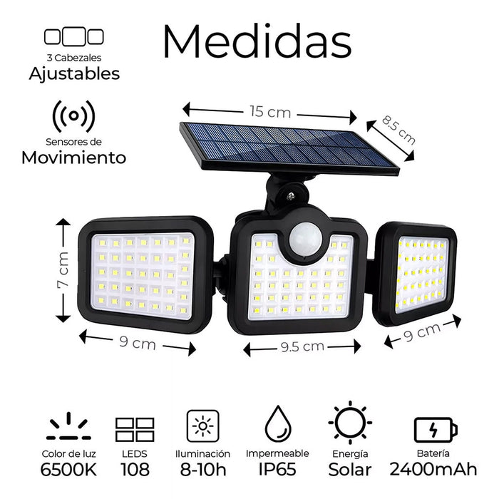 Lámpara Solar con 3 Cabezales Ajustables y Sensor de Movimiento - 108 LEDs