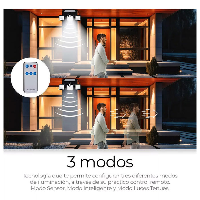 Lámpara Solar con 3 Cabezales Ajustables y Sensor de Movimiento - 108 LEDs